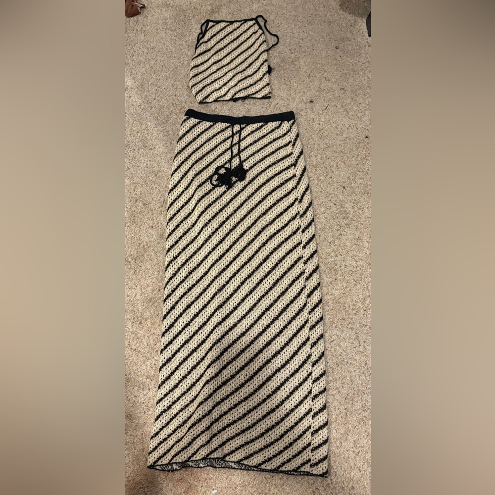 White Fox Boutique Black and Cream Striped Maxi Skirt Set